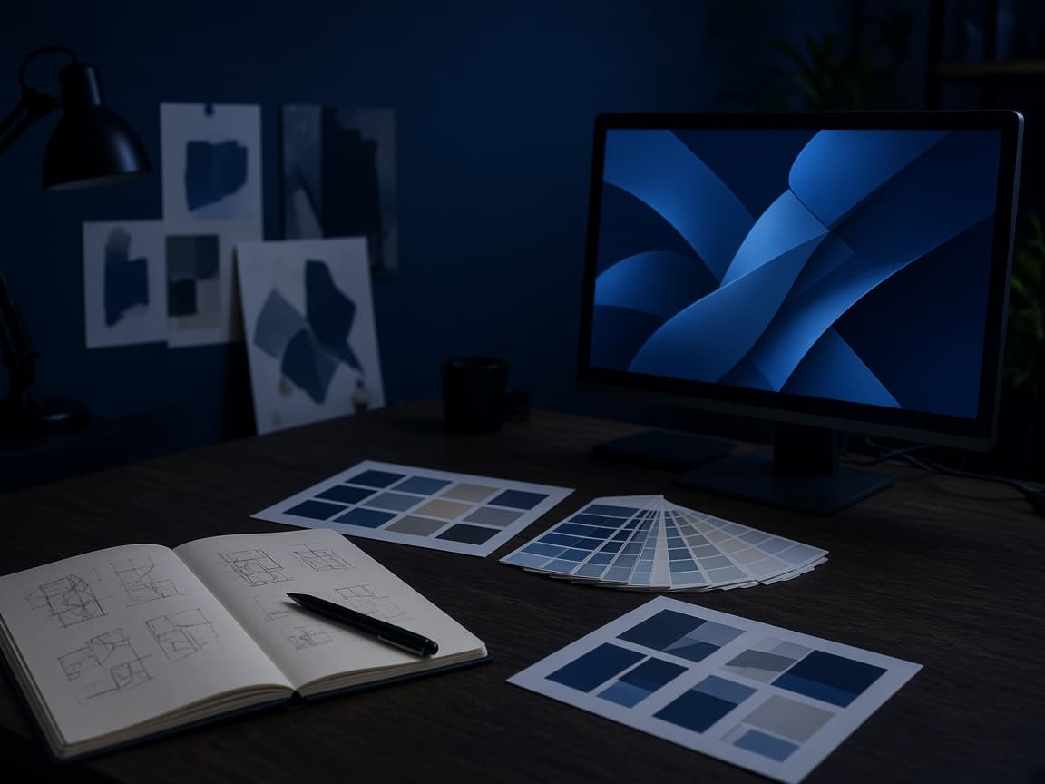 A design desk with colour swatches and a sketchbook