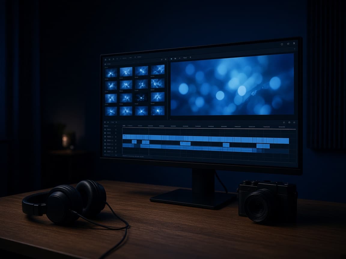 An editing desk with a monitor and headphones