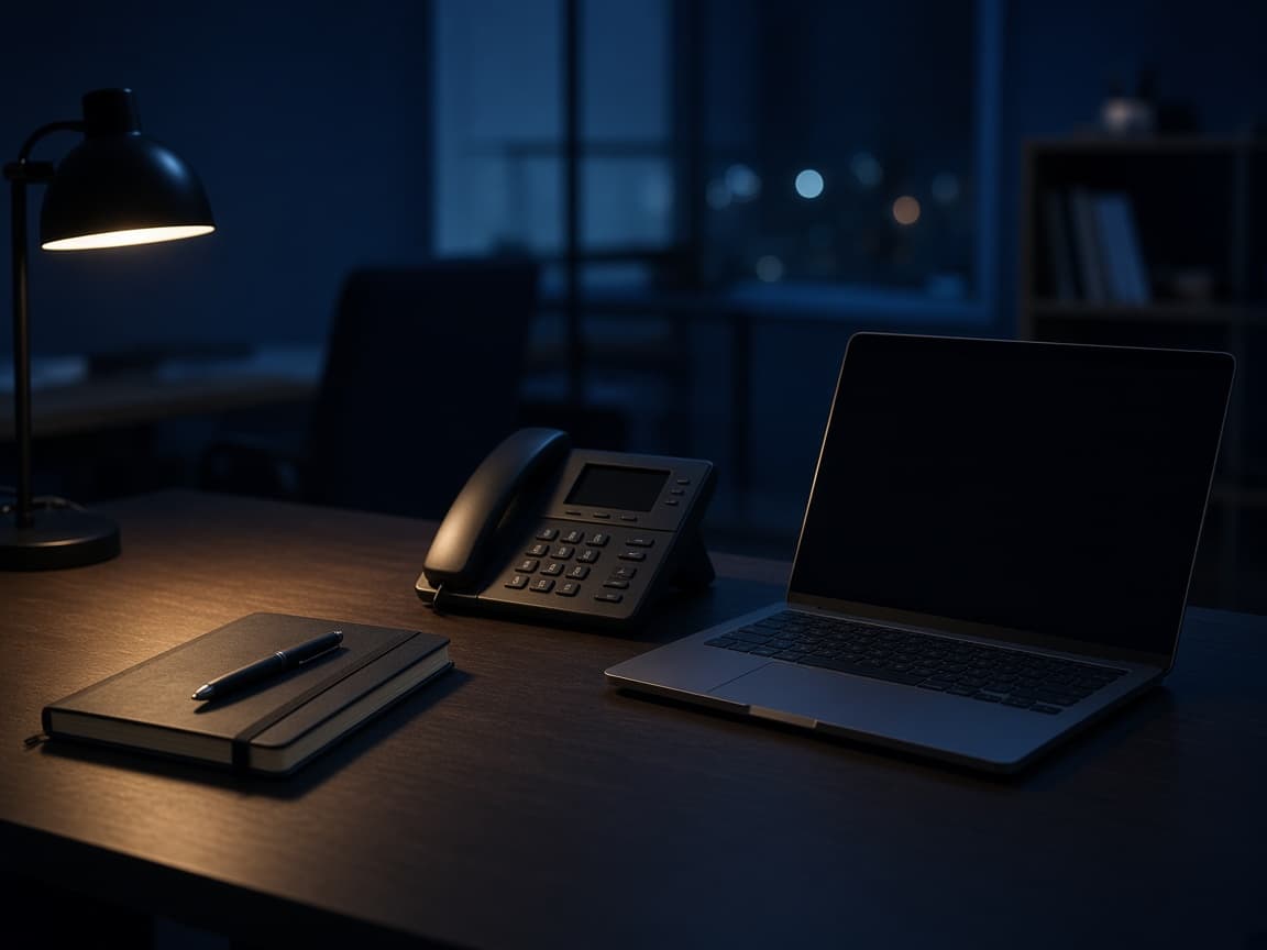 A quiet desk with a phone, a notebook, and a laptop